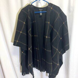 Eivissa Plaid Fleece Lined Poncho Jacket Top with Fringe